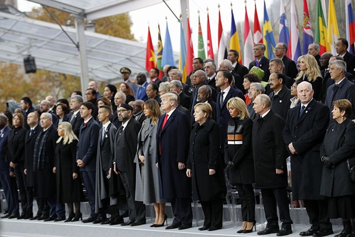 Heads of states and world leaders attend ceremonies at the Arc de Triomphe Sunday, Nov. 11, 2018 in Paris. (AP Photo/Francois Mori, Pool)