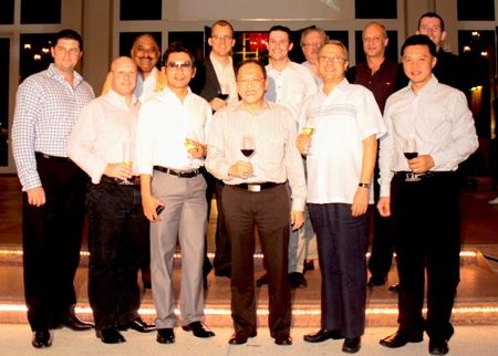 The GM Gang pose for a commemorative picture. (Front Row l-r) Craig J Ryan, Holiday Inn Pattaya; David Cumming, Amari Resort & Tower Pattaya; Prayudt Thamdhum, Montien Hotel Pattaya; Chatchawal Supachayanont, Dusit Thani Pattaya; Andre Brulhart, Centara Grand Mirage Beach Resort Pattaya; Nijaporn Marpresert, Siam Bayview Pattaya. (Back Row l-r) Peter Malhotra, Pattaya Mail Media Group; Harald Feurstein, Hilton Pattaya; Michael Gangster, dusitD2 baraquda Pattaya; Nicholas LeRat, Mercure Pattaya; Philippe Delaloye, Pullman Pattaya Aisawan; and Michael Delargy, Sheraton Pattaya.