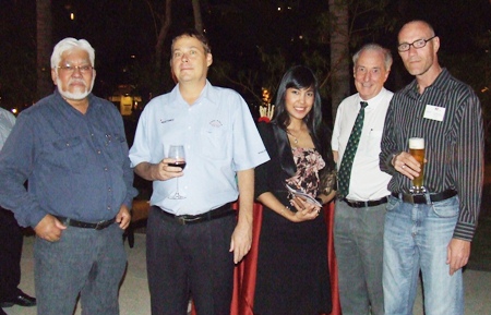 L to R)  Tulshi Sen, president of Tulshi Sen Consulting Omnisun Systems Inc.; Randy Simmons, director of CHS-ASIA Co., Ltd.; Chutima Konfai, director of sales for Holiday Inn Pattaya; Dr. Iain Corness; and Amin Walter.