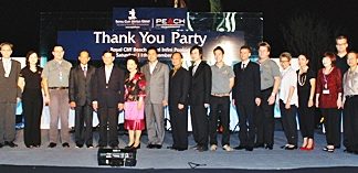 Panga Vathanakul (8th left) MD of The Royal Cliff Hotels Group and her Executive team pose for a picture with the honoured guests; His Excellency Chumphol Silapa-archa (7th from left), Minister of Tourism and Sports; Sombat Kuruphan (9th from left), Permanent Secretary of Ministry of Tourism and Sports; and Suraphon Svetasreni (10th from left), Governor of the Tourism Authority of Thailand during the Royal Cliff Hotels Group annual Thank You Party.