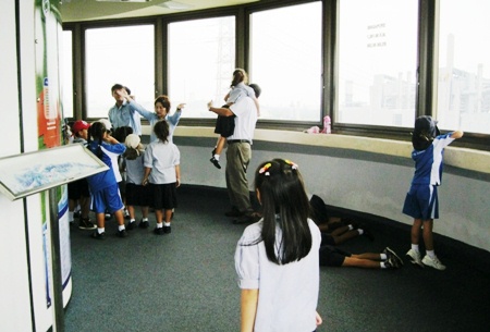 The children ask lots of questions from the viewing tower.