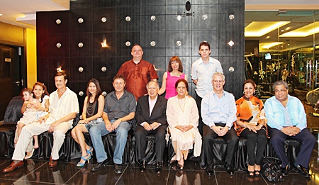 (Front row, left to right) Lily Ballard, Lek Ballard, Lon Ballard (owner), Vipharat Kerdkorvong, Rony Fineman (president Nova Group & owner Nova Platinum Hotel), Dr. Hari Harilela (senior owner Nova Platinum Hotel), Padma Harilela, Peter Henley (CEO Onyx Hospitality Group), Manisha Harilela and Kumar Harilela. (Back row, left to right), Michael Procher (GM Nova Platinum Hotel, Nova Gold Hotel & Amari Nova Suites), Shakun Harilela and Sascha Kunze (hotel manager Nova Platinum Hotel).