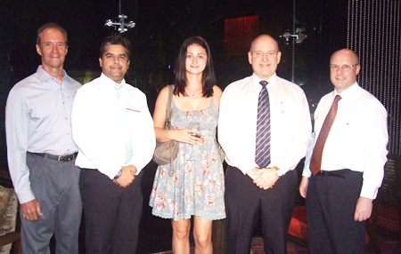 (L to R) Lewis ‘Woody’ Underwood (Jesters Care 4 Kids) in one of his rare BCCT outings poses with Tony Malhotra (Director of Business Development Pattaya Mail), Deborah Philbrook (MBMG Group), Graham MacDonald, chairman of the BCCT and David Cumming (GM Amari Orchid Pattaya).