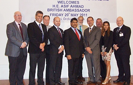 The sponsors gather for a group photograph with HE Asif Ahmad (centre). (l-r) Paul Millar, CEO Boots Retail, Andy Harrison, Headmaster St Andrew’s International School Rayong, Simon Matthews, CEO Manpower Thailand, Andrew Apperley, Joint CEO Caelan Wright Asia, H.E. Asif Ahmad, British Ambassador, Chris Thatcher, Vice Chairman BCCT, Mark Manolas, Joint CEO Caelan Wright Asia, Kevin Fisher, CEO CEA Thailand, Patchararacht Tanasetpiwt ‘Jack’, Manager of CES Cranes & Equipment Services, representatives for Cromwell Tools and Soft Sling on the Eastern Sea Board and Graham Macdonald, Chairman BCCT.