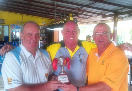 Bob Lindborg presents his birthday trophy to Capt’s Bob and Brad. 