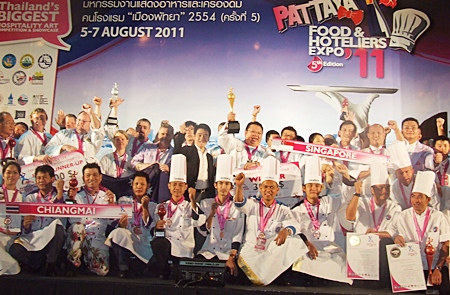 Winners of the international chefs competition from Singapore, Australia, Austria, Bangkok, Samui and Chiang Mai let out a cheer for all the fun their having.