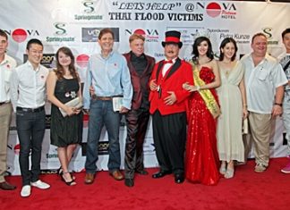 Left to right: Sascha Kunze (Hotel Manager Nova Platinum Hotel), Nophol Techaphangam (Vice MD Springmate), Nataporn Techaphangam (Sales Manager Springmate), Christopher G. Moore (Author), Sifu Mark Gerry (Martial Arts star from US), Dr. Penguin (Magician from US), Nong Sammy (Miss Intl. Queen 2011), Jayme Buher (celebrity), Michael Procher (GM Nova Platinum Hotel, Amari Nova Suites Pattaya and Nova Gold Hotel) and YUAN DRAGON 5 (Celebrity) attend the fund raising event at Nova Platinum Hotel, Friday, November 11.