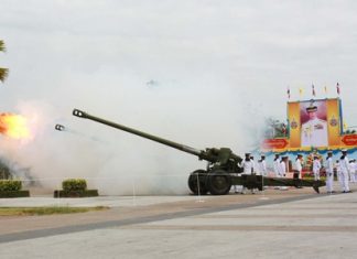 The Royal Thai Navy fires off its big gun salute in honor of HM the King.
