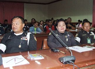 Police listen intently to NIB officials’ talks on terrorism-prevention training.