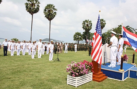 Rear Adm. Paithoon Prasopsin, commander of the Royal Thai Navy’s Frigate Squadron 2, and Rear Adm. Thomas F. Carney, commander of the U.S. Logistics Group for the Western Pacific address the troops at the beginning of the exercises. 