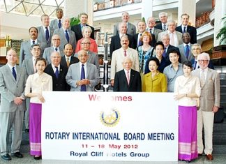 At the end of a most successful Rotary International Convention held in Bangkok in early May, Rotary International President Kalyan Banerjee (centre left) led an entourage of senior Rotary leaders, which included directors of Rotary International, for their board meeting at the Royal Cliff Beach Hotel in Pattaya. Attendees included President Elect Sakuji Tanaka (centre right) and President Nominee Rob Burton (4th row centre). They were given an especially warm welcome by Panga Vathanakul (4th left), MD of the Royal Cliff Hotels Group.