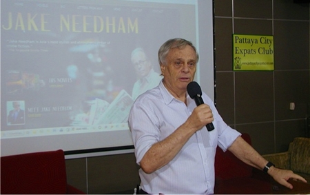 Fellow author Desmond Bishop introduces renowned writer Jake Needham to the August 12th meeting of Pattaya City Expats Club.