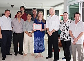 Skål International Chiang Mai president Annette Kunigagon is presented with a Membership Development Certificate on behalf of her club, by Skål International Thailand president Andrew J Wood (third from right). The certificate recognises Annette’s remarkable efforts in recruiting new Skål members in Chiang Mai and Northern Thailand (more than 10% in the past 12 months), leading her dedicated volunteers that make up the Chiang Mai club’s executives. The presentation took place during the half-yearly meeting of the Skål Thailand executive committee held in Chiang Mai recently. Also pictured, left to right, are Claude Sauter, Somsak Kiratipanich, Scott Smith, Jaffee Yee, Dale Lawrence, Brinley Waddell and Bob Lee.