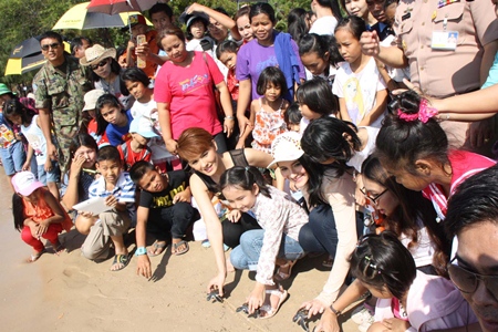 Children in Sattahip are treated to a visit from Miss Thailand Universe 2012 Vanessa Muangkhorat whilst releasing turtles into the sea.