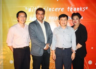 (L to R) BHP Assistant Hospital Director Dr. Tawan Chitchulanon, Pattaya Mail’s Tony Malhotra, BHP Deputy Director Dr. Supakorn Winnawan, and Juthaporn Huyakorn, BHP director of Business Development and International Affairs.