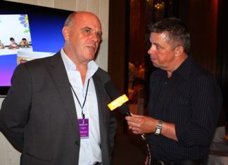 Paul Strachan (right) interviews for PMTV Joe Grunwell (left), chairman of the Light House Club Pattaya.