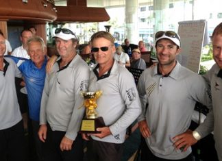 The ‘Easy Tiger IV’ team pose with the Platu 25 Open champions’ trophy at Ocean Marina Yacht Club in Pattaya, Sunday, March 17. (Photo/Scott Finsten)