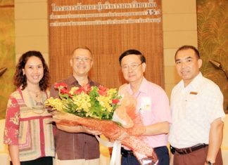 Chulalongkorn University President Prof. Pirom Kamolratanakul (2nd right) presided over a seminar on “15 Years Planning for Human Resources and Strategy Management” at the Centara Grand Mirage Beach Resort Pattaya recently. He was welcomed by GM Andre Brulhart (2nd left) together with Usa Pookpant (left), PR Manager and Wuthisak Pichayagan (right), Executive Assistant Manager - Food & Beverage.
