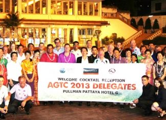 Sophon Vongchatchainont (centre), GM of Pullman Pattaya Hotel G, hosted a welcome cocktail reception for over 50 respected golf tour operators from 29 countries who were in Pattaya to attend the 2nd Asia Golf Tourism Convention (AGTC) in Pattaya city recently. Amongst the dignitaries were Peter Walton (1st row, pink shirt), President & CEO of IAGTO - The Global Golf Tourism Organization; Callum Mackie (1st row, 6th from right), MD of Solar Tours (Thailand) and Tanes Petsuwan (1st row, 5th from right), Tourism Authority of Thailand (TAT) Director of Europe, Africa and the Middle East.