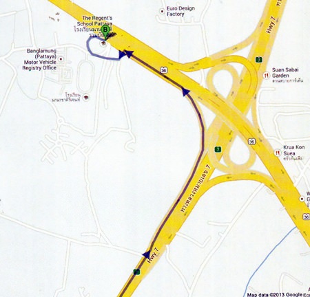 Google Maps show that if you were going from Foodland in Pattaya Klang, it would take only 11 minutes to get to Regent’s School via Sukhumvit, the new Highway 7 Link and exiting onto Highway 36 towards Banglamung.