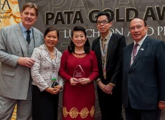 Martin Craigs (far left), CEO of Pacific Asia Travel Association (PATA) presents the Education and Training Award in the PATA Grand Awards 2013 for the training program “4Cs: Centara Career Creation for Children” to Centara Hotels & Resorts. The award was received in a ceremony at Chengdu, in China, by Pattara Jongcharoenkulchai (center), vice president for human resources, and Ratchadet Suksin (2nd right), director of training at Centara Hotels & Resorts. Also seen in the photo are João Manuel Costa Antunes (far right), chairman of PATA and Ben Montgomery (2nd left), director of business relations management of Centara Hotels & Resorts.