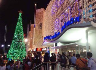 Royal Garden’s 12-meter-tall Christmas tree is festooned with more than 100,000 bulbs.