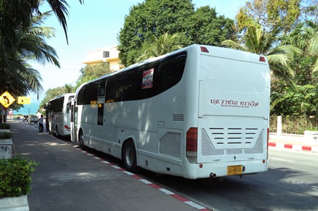 Huge tour buses ignore the red & white painted kerb, and continue to park in the no-parking zone.