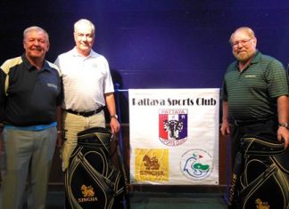 Tournament winners Merle Humphreys & Colin Smith with PSC Golf Chairman Joe Mooneyham (left).