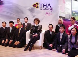 Seated (center): Her Royal Highness Princess Ubolratana Mahidol. Front Row (from right): Soodrak Chanyavongs, Manager of the Promotions Department; Thera Buasri, Airport Service Manager, Frankfurt Airport; Warote Intasara, General Manager, Munich - (from left): Srikit Kattiyakulvanich, Accounting Manager, Germany; Veerayot Purananda, Airport Services Manager, Munich Airport; Pricha Nawongs, Area General Manager, Scandinavia, Finland, Iceland and the Baltic Countries. Second row (from right): Air Hostess; Jutta Yelden, Manager Sales Services, Frankfurt (from left): Air Hostess; Matthias Horn, District Sales Manager, Germany, Austria & Eastern Europe.