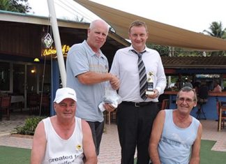 Greg Hirst from sponsors DeVere (2nd right) presents the monthly medal award to Paul Greenaway (2nd left) with runners-up Mann and Dennis Pelly sitting in the foreground.