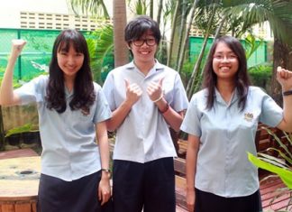 Year 11 star students celebrate (from left) Hui Eun was awarded A* in an amazing seven subjects, Jason did brilliantly well with his IGCSE results and Perfect Pauline gained 9 IGCSEs.