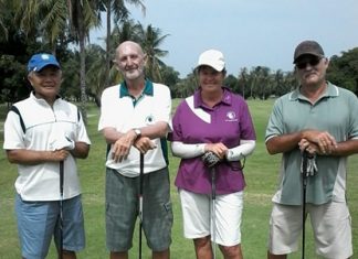 A formidable four-ball: Masashi Iizumi, Mr Len, Dianne and Tom Murphy, on the first at Mt Shadow.