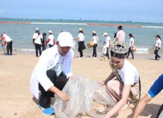 Mayor Itthiphol Kunplome and Polly Punnika, still wearing her tiara from her earning 1st runner-up at the Miss Earth of Water pageant, help Pattaya-area residents pick up trash from Pattaya Beach.