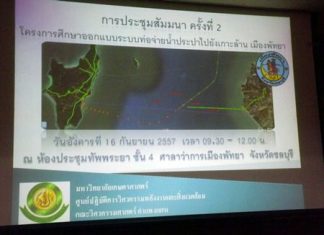 A map was projected during the meeting, showing the 3 possible plans for a water pipeline from mainland Pattaya to Koh Larn.