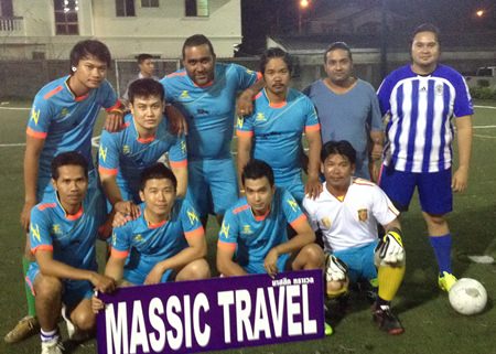 The winning Massic football team - Back row from left: C, Tang, Manin, Kem, Vikrom, and Eddy. Front row from left: Thep, Oil, Ek, and Rew (GK).