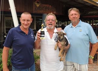 Tony Aslett (centre) celebrates his victory on Friday flanked by Greg Hirst (sponsor left) and the runner up, Peter LeNoury.