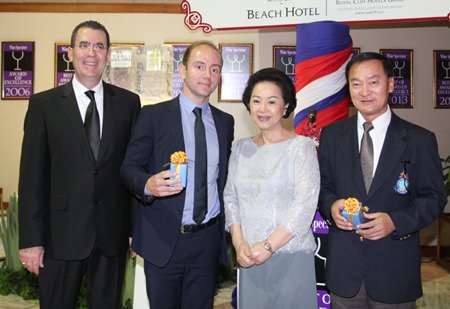 (L to R) Antonello Passa, General Manager of the Royal Cliff Hotels Group; Berenger Le Boursicot, the current Export Manager for Southeast Asia & the Middle East of Borie Manoux: Bordeaux Wine Negociant & Classified Estates owner; Panga Vathanakul, Managing Director of the Royal Cliff Hotels Group; and Anirut Posakrisna, the owner and chairman of Sri Siam Co., Ltd.