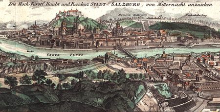 Salzburg around Leopold Mozart’s time (Painting by J. B. Homann).