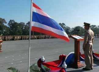 Capt. Saman Khantapong, commander of the Naval Recruit Training Center, addresses the 3,846 newly commissioned Royal Thai Navy sailors before dismissing them to join their respective divisions at 28 active navy units.