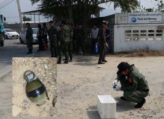 Banglamung authorities inspect a grenade (inset) found the Pack & Moving Co. in Laem Chabang.