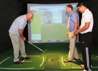 Centara’s George Kenton (left), Executive Assistant Manager Rooms Division together with Marut Jansud, Leisure Manager (right) and Bruce Whitehead (centre), PGA Professional, test the new arrival of the Xcite “Golf Simulator” at the Centara Grand Mirage Beach Resort in Pattaya.