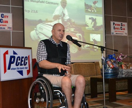 Jens Maspfuhl tells his PCEC audience that having a positive attitude was key to his success in playing golf again after his tragic accident. He described how he also established a foundation in Germany to raise money for victims of the tsunami that hit Thailand and to help disabled people in Thailand.