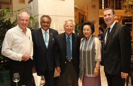 (l-r) Dr. Iain Corness (left) and Pattaya Mail MD Peter Malhotra, Chan Vathanakul, Royal Cliff Hotels Group Managing Director Panga Vathanakul and Acting President of the deVine Wine Club Antonello Passa during the cocktail reception.