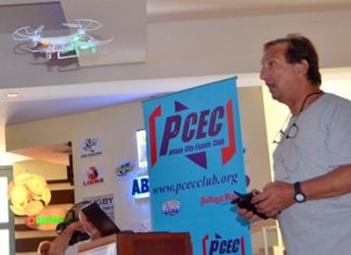 Paul Rosenberg shows his PCEC audience one of the remote-controlled quad-copters he brought with him. He noted that this particular model is manufactured here in Pattaya was not expensive and could be fitted with a camera. With a monitor affixed to the remote control device, it is almost like being on board as you soar through the air.