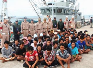 The Thai Navy also impounded the Thai-operated Chokethitiya 99 for illegally net fishing during spawning season, arresting its crew of two Thais, 28 Burmese and 25 Cambodians.