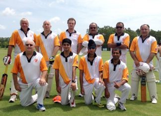 Pattaya Cricket Club Thoroughbreds line up for their match against the British Club of Bangkok at the Thai Polo Ground in Pattaya, Sunday, May 24.