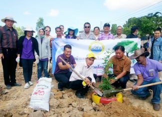 Deputy Mayor Niyom Thiengtham, municipal officials, and local residents plant trees for the “one tree per family” event to mark World Environment Day.