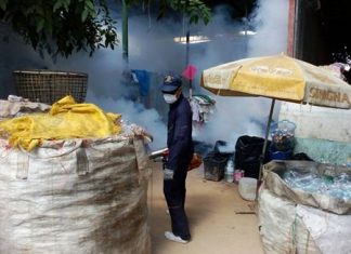 Pattaya Health Department sent out workers to spray insecticide to kill off dengue fever-carrying mosquitoes on Khopai Sois 13-14 and Soi Eaungfa.