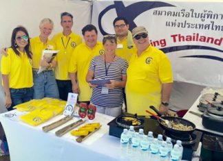 Some of the volunteers at the Disabled Sailing Thailand stand, from left to right: Pat Tippawan, Lela Aukes, Carlton Whitfield, Simon Woolston, Julie Woodbridge, Xisco McGrath, and Peter Jacops. Volunteers not on the picture include Bob Gardner, Scott Finsten and Mike Davies.