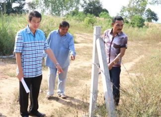 Sattahip District Chief Noraset Sritapatso and a team of district and Najomtien officials inspect land following complaints that it had been cordoned off with barbed wire and that local man Paisarn Sriruan planned to strip them of wood and other resources.